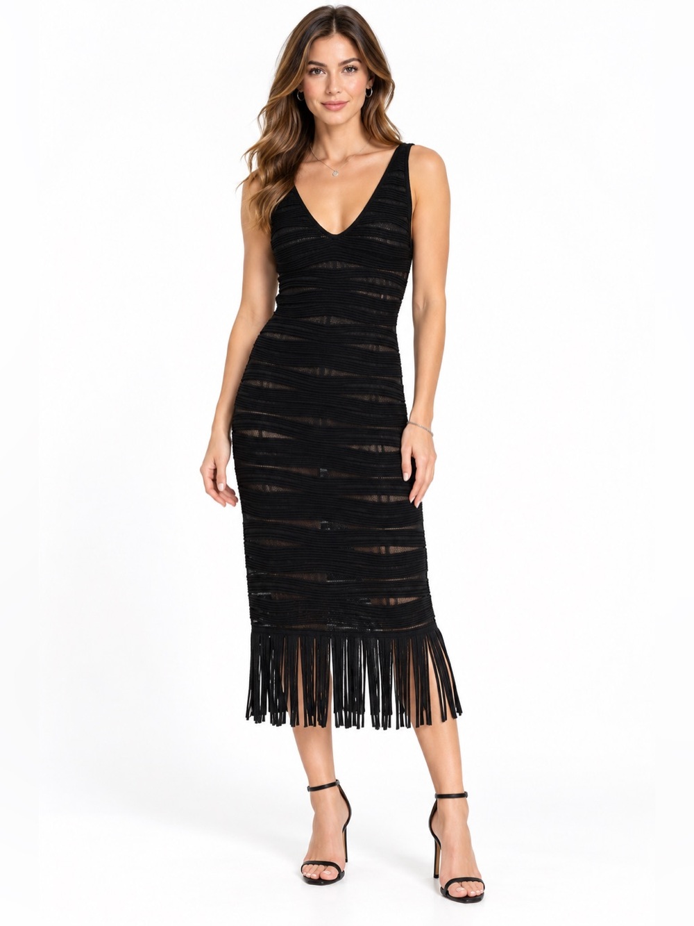 Parker Black Knit Fringe Midi Dress Deep V Neck Sleeveless XS